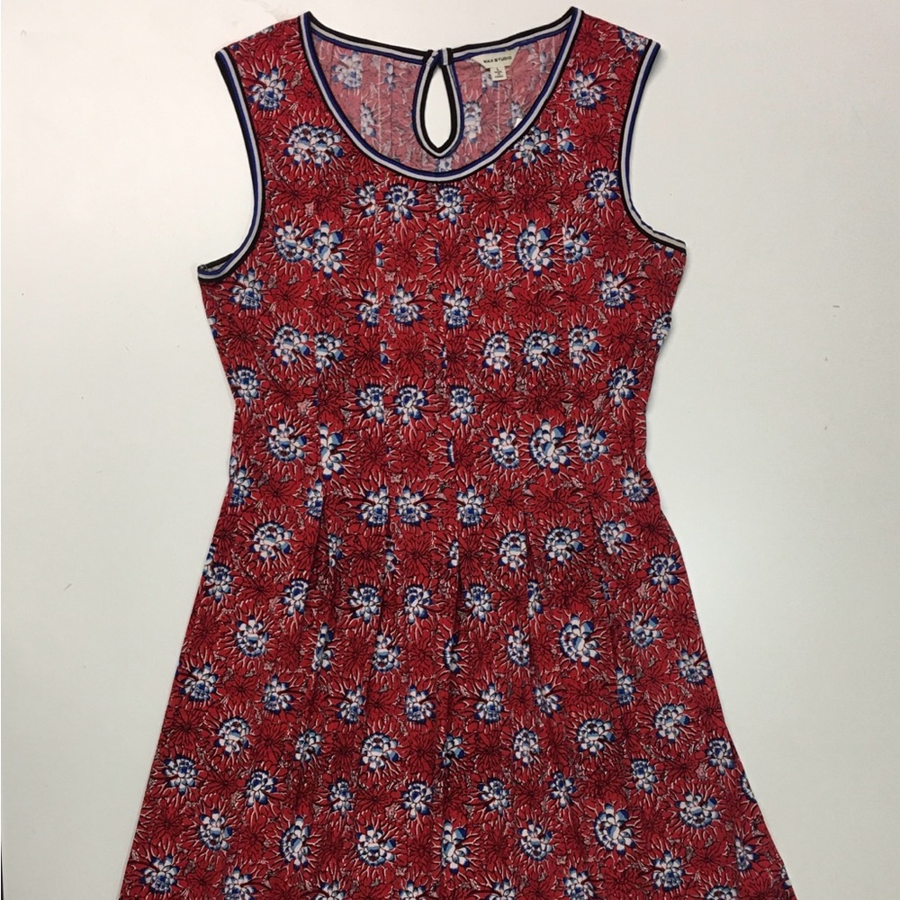 Max Studio A-Line Dress Women's Large Red Floral Polyester Stretch Scoop Neck